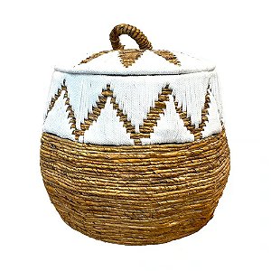 CESTA DECORATIVA FIBRA BALI REDONDO BRANCO E NATURAL COM TAMPA