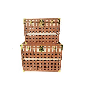CJ DE BAUS EM MADEIRA E COURO SINTETICO MARROM E DOURADO 2PCS