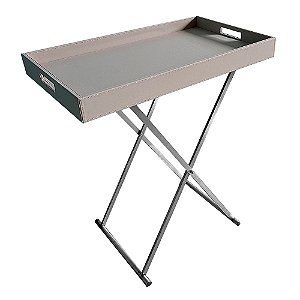 MESA REVESTIDO COM PU E ARMACAO EM METAL CINZA E PRATEADO 76CM X 45CM