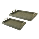 CJ. DE BANDEJAS DE MADEIRA E COURO CINZA - 2 PCS