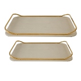 CJ. DE BANDEJAS DE MADEIRA E COURO CINZA - 2 PCS