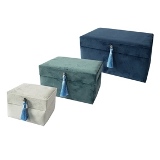 CJ. DE PORTA JOIAS DE MADEIRA E FLANELA CINZA, AZUL CLARO E AZUL ESCURO - 3 PCS