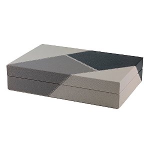 CAIXA DECORATIVA EM MADEIRA E REVESTIDO EM PU PRETO/CINZA CHUMBO/CINZA 34CM X 22