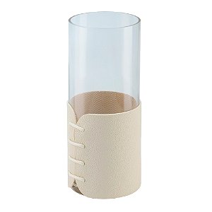 VASO DECORATIVO EM VIDRO E PU TRANSPARENTE E CREME 10,3CM X 10,3CM X 19,8CM