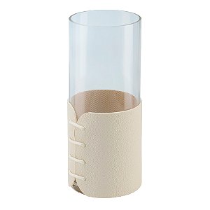 VASO DECORATIVO EM VIDRO E PU TRANSPARENTE E CREME 10,5CM X 10,5CM X 29,9CM