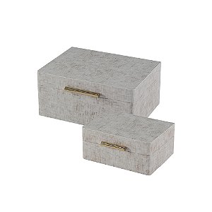 CJ DE CAIXAS DECORATIVAS MADEIRA REVESTIDA COURO SINT CINZA E DOURADO 2PCS