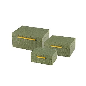 CJ DE CAIXAS DECORATIVAS EM MADEIRA REVESTIDA EM COURO SINTETICO VERDE 3PCS