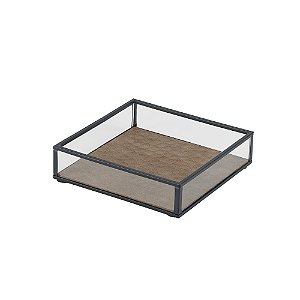 BANDEJA DECORATIVA EM VIDRO METAL E COURO SINTETICO MARROM TRANSP E PRETO