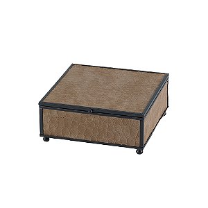 CAIXA DECORATIVA EM METAL E COURO SINTETICO PRETO E MARROM