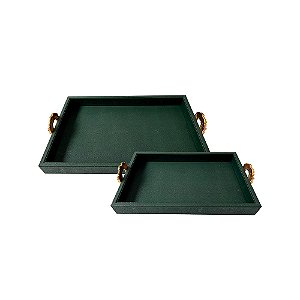 CJ DE BANDEJAS EM COURO SINTETICO VERDE ALCA DOURADA 2PCS