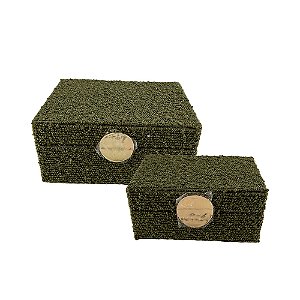 CJ DE CAIXAS DECORATIVAS EM TECIDO VERDE DETALHE DOURADO 2PCS