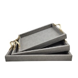 CONJ DE BANDEJAS DE COURO SINTETICO CINZA E DOURADO 3 PCS