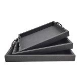 CONJ DE BANDEJAS DE COURO SINTETICO CINZA E PRETO 3 PCS
