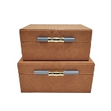 CONJ DE CAIXAS DE COURO SINTETICO MARROM E DOURADO 2 PCS