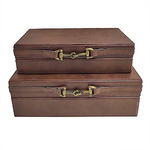 CJ DE 2 CAIXAS DECORATIVAS EM MADEIRA REVESTIDO EM PU MARROM GCM X 29CM X 19,5CM