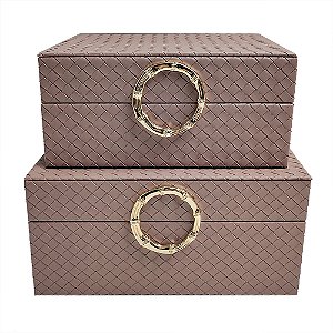 CJ DE 2 CAIXAS DECORATIVAS EM MADEIRA REVESTIDO EM PU BEGE G26CM X 21CM X 12,5CM
