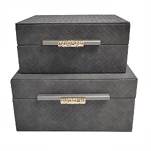 CJ DE 2 CAIXAS DECORATIVAS EM MADEIRA REVESTIDO EM PU CINZA G26CM X 22CM X 12,5C