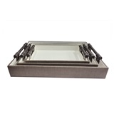CONJ DE BANDEJAS DE COURO SINTÉTICO MARROM - 3 PCS