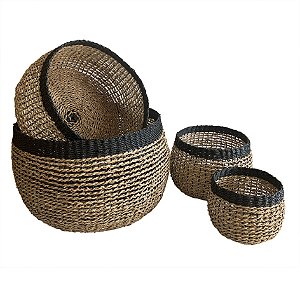 CJ DE CESTOS DE RATTAN BEGE E PRETO 4PCS