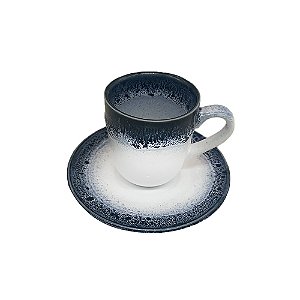 CJ DE XICARAS E PIRES EM PORCELANA BRANCO COM DETALHE AZUL 6PCS - 100ML