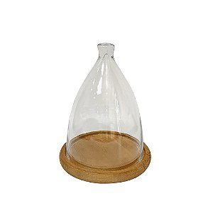 CUPULA DECORATIVA EM VIDRO TRANSPARENTE COM BASE MADEIRA NATURAL