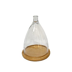 CUPULA DECORATIVA EM VIDRO TRANSPARENTE COM BASE MADEIRA NATURAL