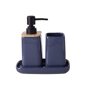KIT BANHEIRO EM CERAMICA AZUL DETALHE EM MADEIRA DISPENSER PRETO 3PCS