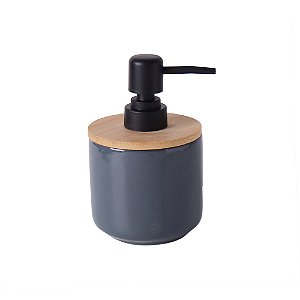 PORTA SABONETE EM CERAMICA AZUL DETALHE EM MADEIRA DISPENSER PRETO
