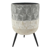 CACHEPOT DE METAL BEGE E CINZA COM PES PRETOS