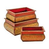 CONJUNTO DE CACHEPOT DE RATTAN E MADEIRA RETANGULAR
