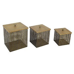 CJ DE POTES DE METAL E MADEIRA MARROM E DOURADO 3PCS