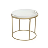 MESA LATERAL DE MADEIRA E METAL BRANCA E DOURADA