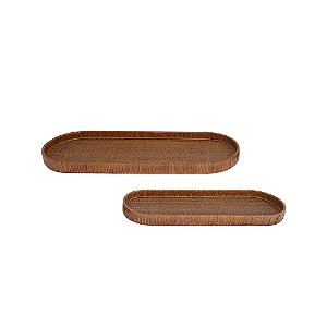 CJ DE BANDEJAS EM MADEIRA E FIBRA RATTAN NATURAL MARROM 2PCS