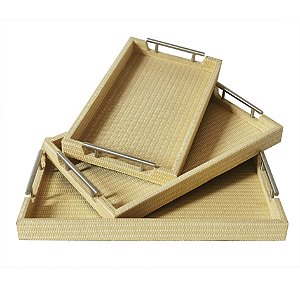 CJ DE BANDEJAS DE MADEIRA E METAL BEGE 3PCS