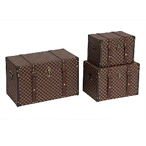 CONJUNTO DE 3 CAIXAS DECORATIVAS EM MADEIRA E PU - COR MARROM E PRETO - G 58X34X