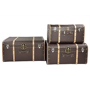 CONJUNTO DE 3 CAIXAS DECORATIVAS EM MADEIRA E PU - COR MARROM E CREME - G 76X47X