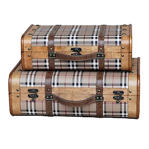 CJ DE MALETAS EM MADEIRA E METAL MARROM ESTAMPADO 2PCS