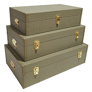 CJ DE BAÚS EM MADEIRA E METAL CINZA E DOURADO 3PCS