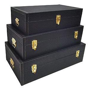 CJ DE BAÚS EM MADEIRA E METAL PRETO E DOURADO 3PCS