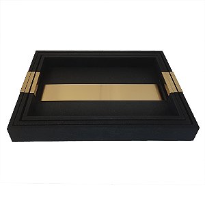 CONJUNTO DE 3 BANDEJAS DECORATIVAS EM MADEIRA REVESTIDA EM PU - PRETO E DOURADO