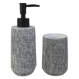 CJ. DE PORTA SABONETE LIQUIDO E POTE DE CERAMICA PRETO E BRA