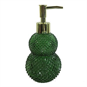 PORTA SABONETE LIQUIDO DE VIDRO VERDE E DETALHE DOURADO