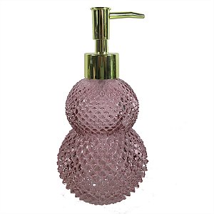 PORTA SABONETE LIQUIDO DE VIDRO ROSA E DETALHE DOURADO