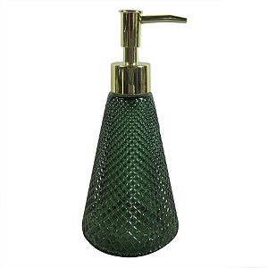PORTA SABONETE LIQUIDO DE VIDRO VERDE E DETALHE DOURADO