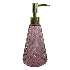 PORTA SABONETE LIQUIDO DE VIDRO ROSA E DETALHE DOURADO