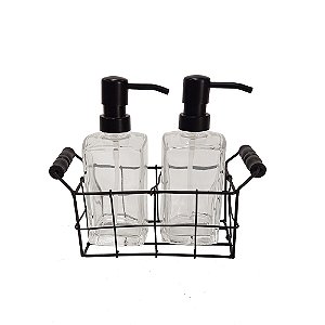CJ DE PORTA SABONETES EM VIDRO TRANSPARENTE COM SUPORTE EM METAL PRETO