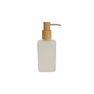 PORTA SABONETE EM VIDRO BRANCO COM DISPENSER EM MADEIRA NATURAL
