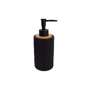 PORTA SABONETE EM RESINA PRETO COM DISPENSER PRETO E DETALHE EM MADEIRA