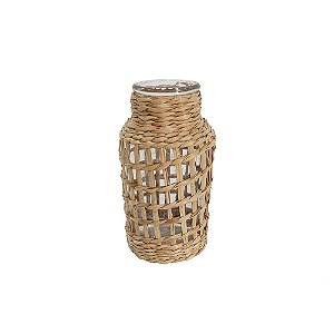 VASO DECORATIVO EM VIDRO COM FIBRA NATURAL TRANCADA