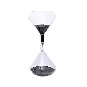 AMPULHETA EM VIDRO TRANSPARENTE COM AREIA PRETA